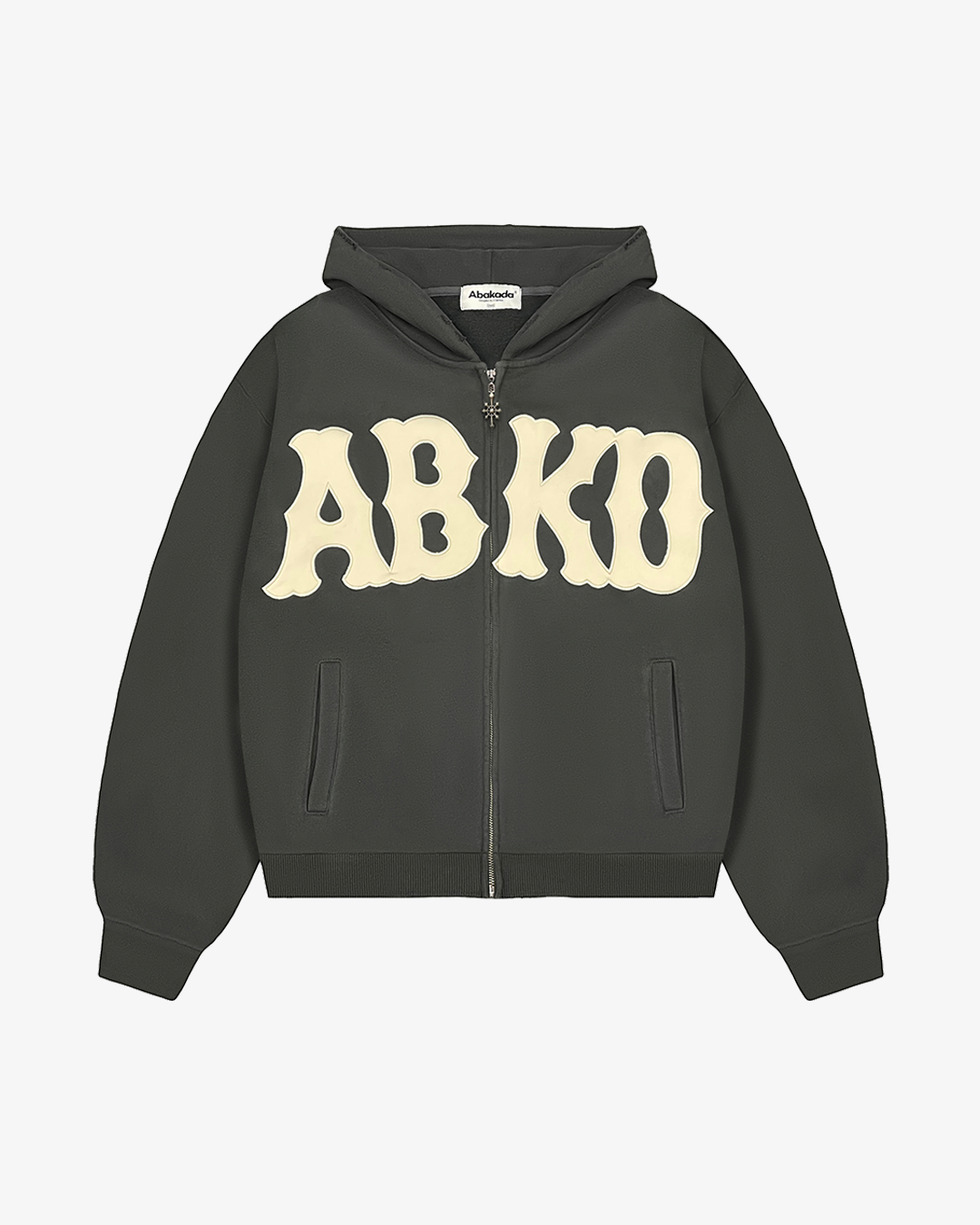 DISTRESSED LETTER PATCH ZIP-UP (DARK GREY)