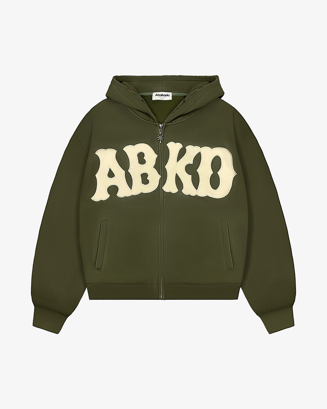 DISTRESSED LETTER PATCH ZIP-UP (OLIVE)