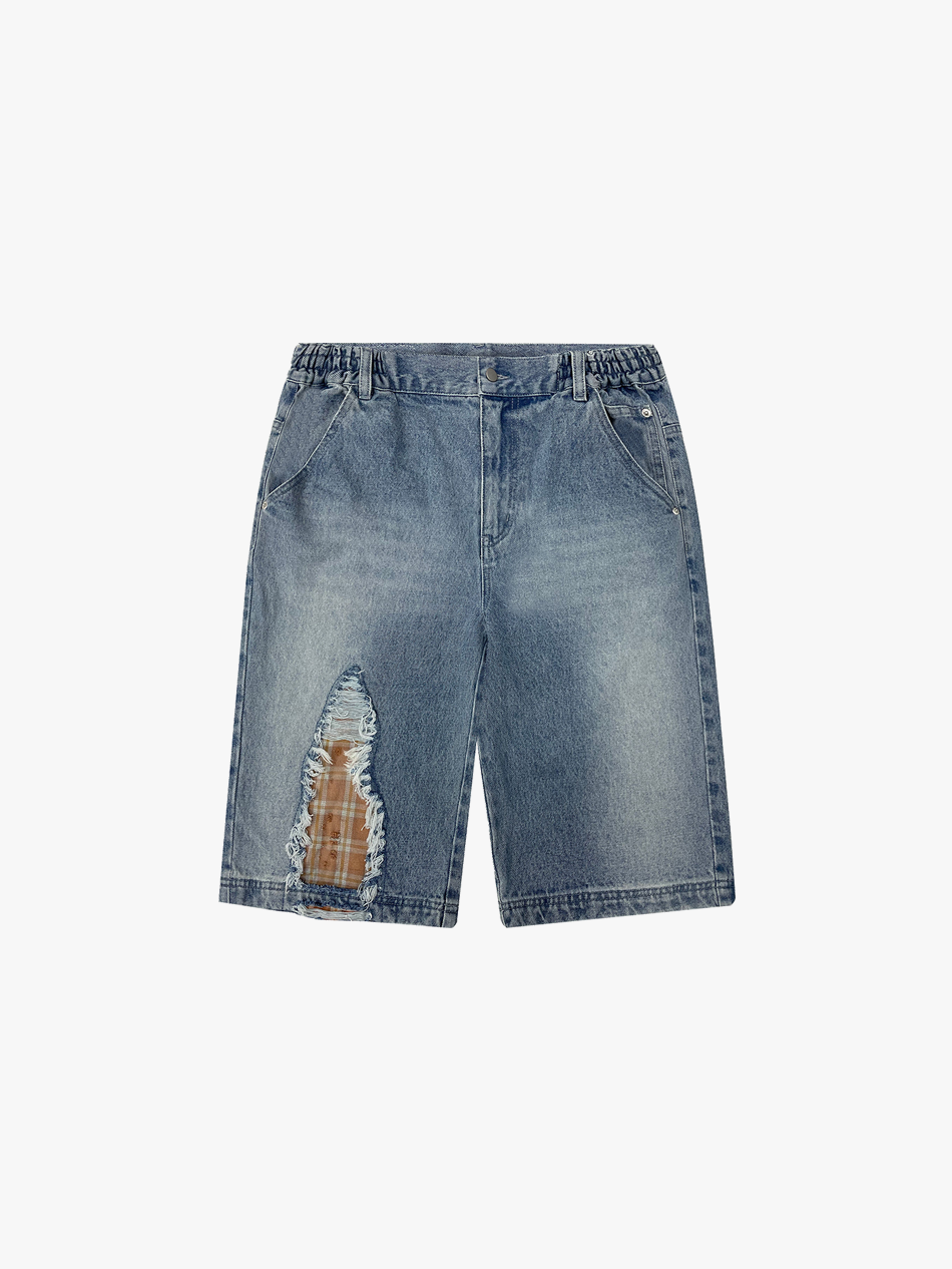 CHECKERED DISTRESSED JORTS (DENIM)