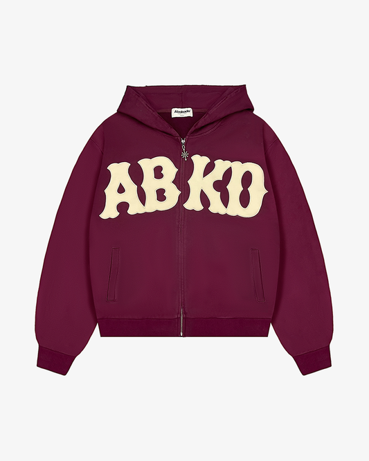 DISTRESSED LETTER PATCH ZIP-UP (WINE)