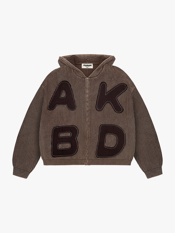 LETTER PATCH KNITTED HOODIE (WASHED BROWN)