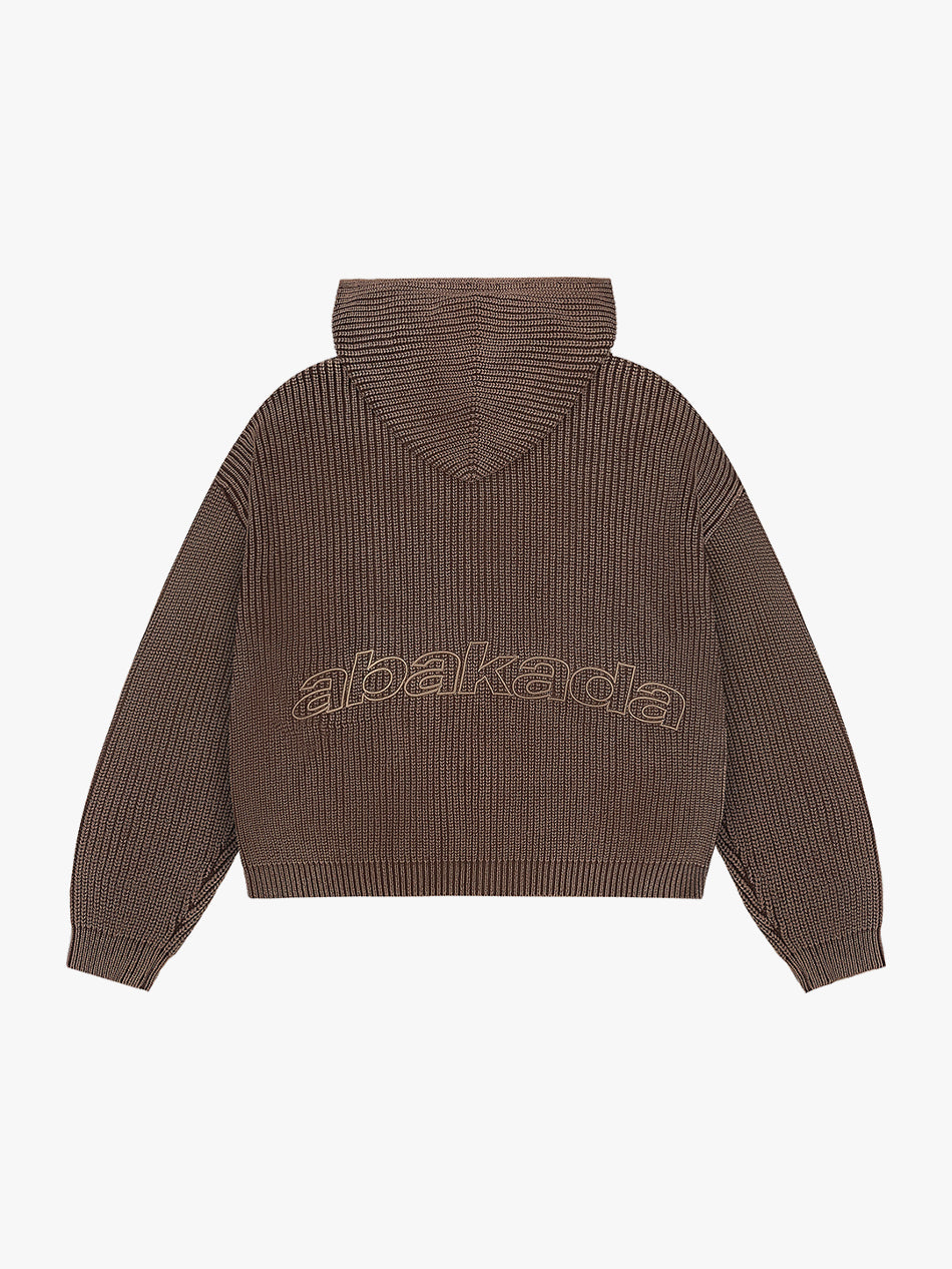 LETTER PATCH KNITTED HOODIE (WASHED BROWN)