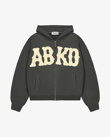 DISTRESSED LETTER PATCH ZIP-UP (DARK GREY)