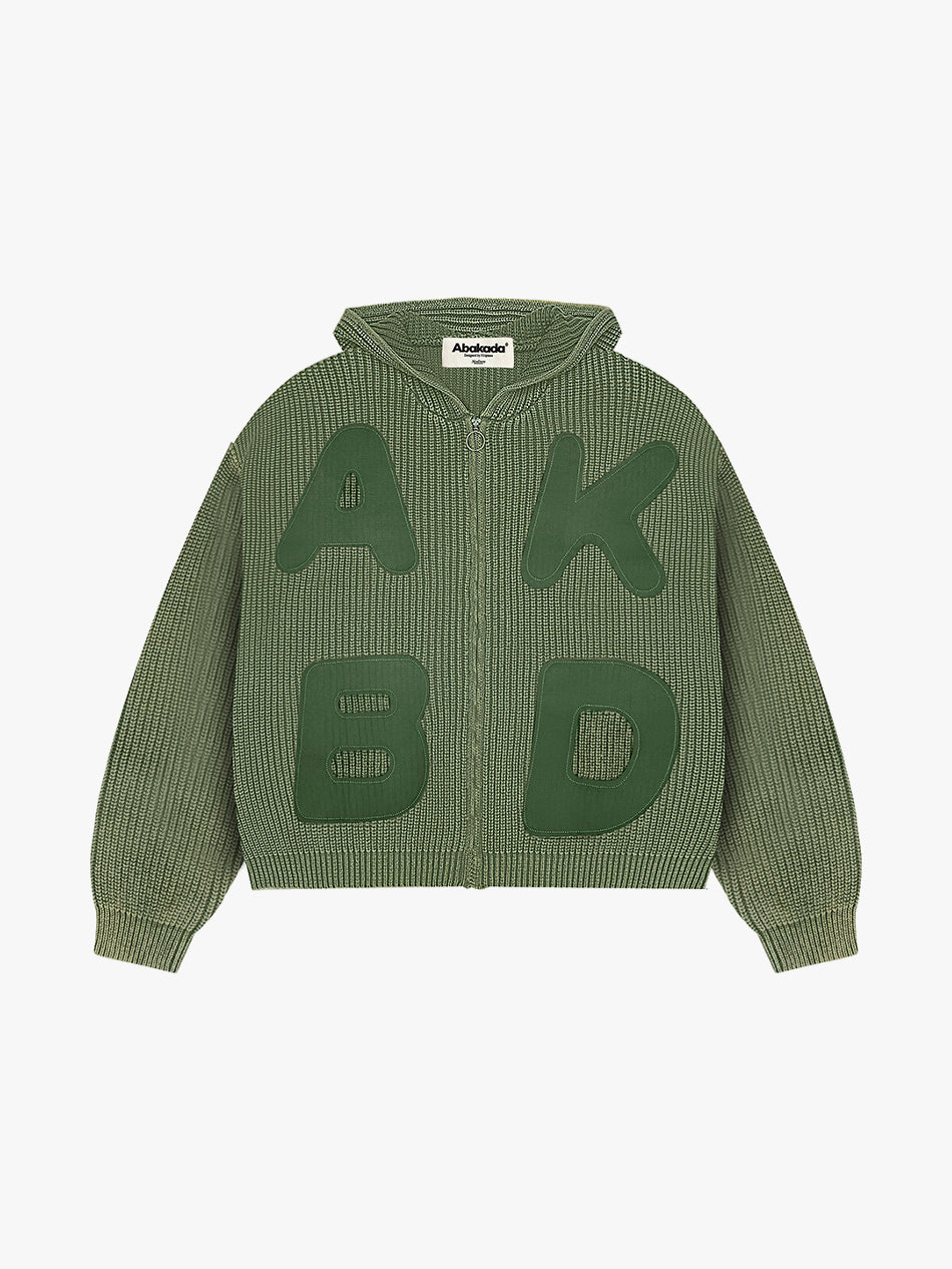 LETTER PATCH KNITTED HOODIE (WASHED GREEN)