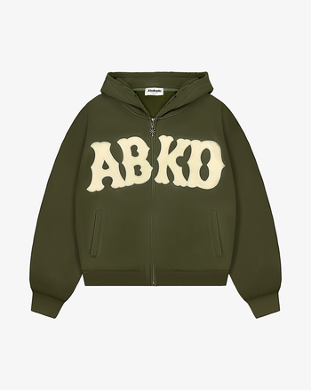 DISTRESSED LETTER PATCH ZIP-UP (OLIVE)