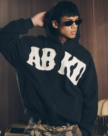 DISTRESSED PATCH WASHED ZIP-UP (BLACK)