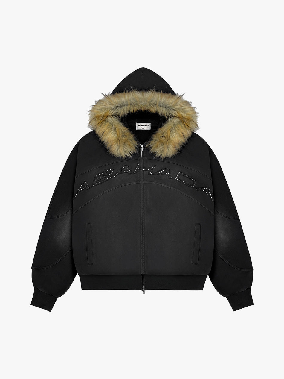 RHINESTONE FUR ZIP-UP (BLACK)