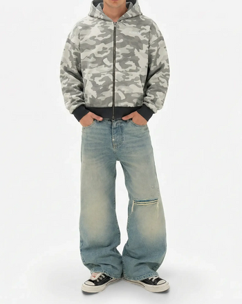 REVERSIBLE GRAFFITI CAMO ZIP-UP HOODIE (WASHED GREY)