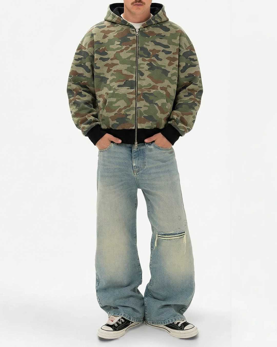 REVERSIBLE GRAFFITI CAMO ZIP-UP HOODIE (WASHED BLACK)