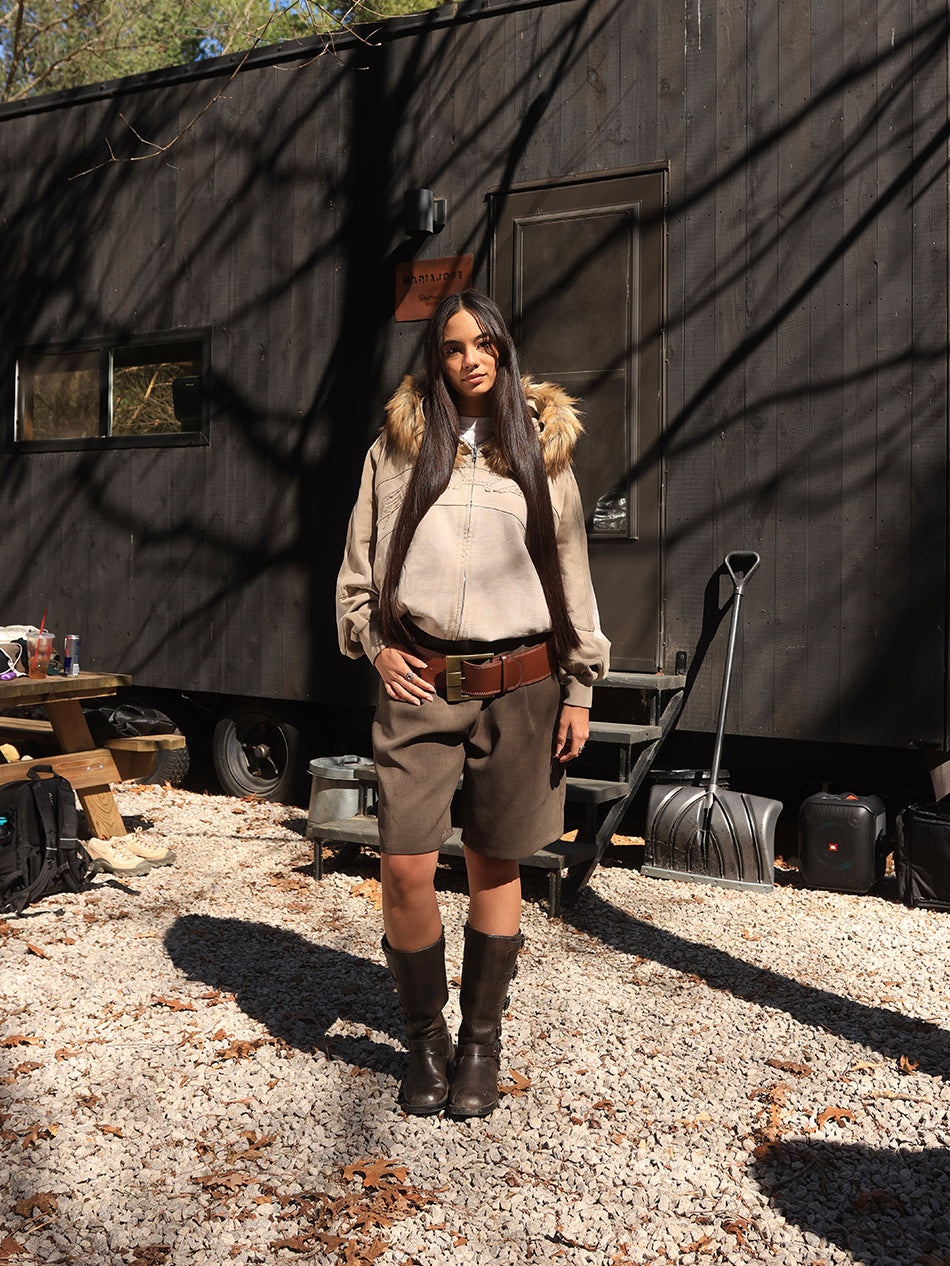 RHINESTONE FUR ZIP-UP (TAN)
