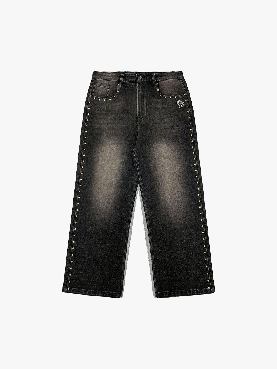 STUDDED WASHED BAGGY JEANS (DARK DENIM)