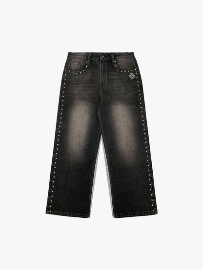 STUDDED WASHED BAGGY JEANS (DARK DENIM)