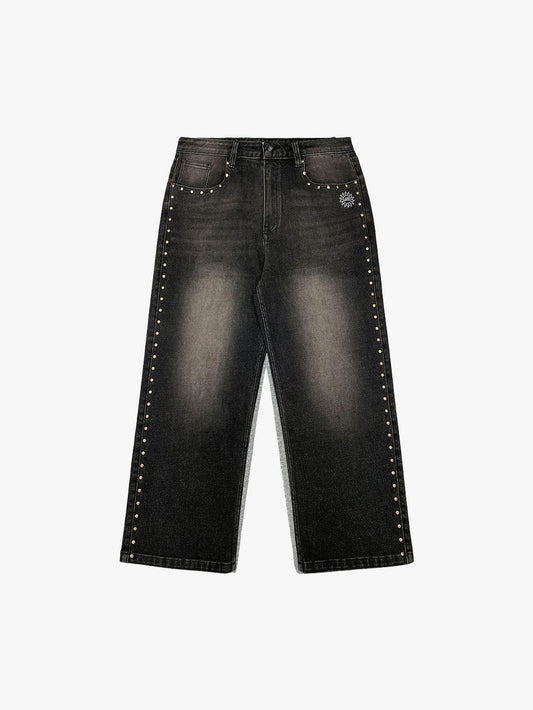 STUDDED WASHED BAGGY JEANS (DARK DENIM)