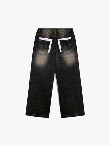 STUDDED WASHED BAGGY JEANS (DARK DENIM)