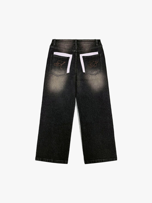 STUDDED WASHED BAGGY JEANS (DARK DENIM)