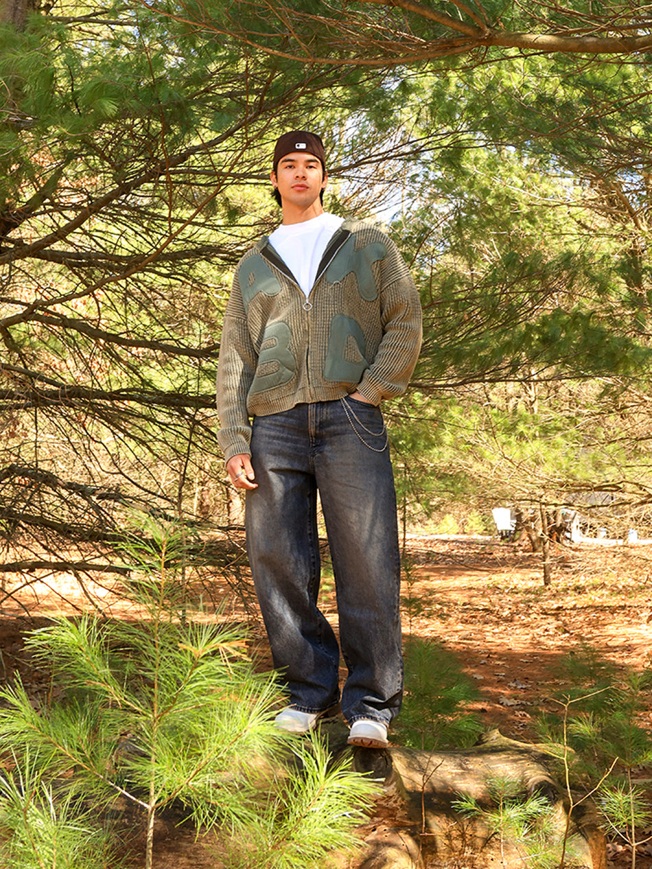 LETTER PATCH KNITTED HOODIE (WASHED GREEN)