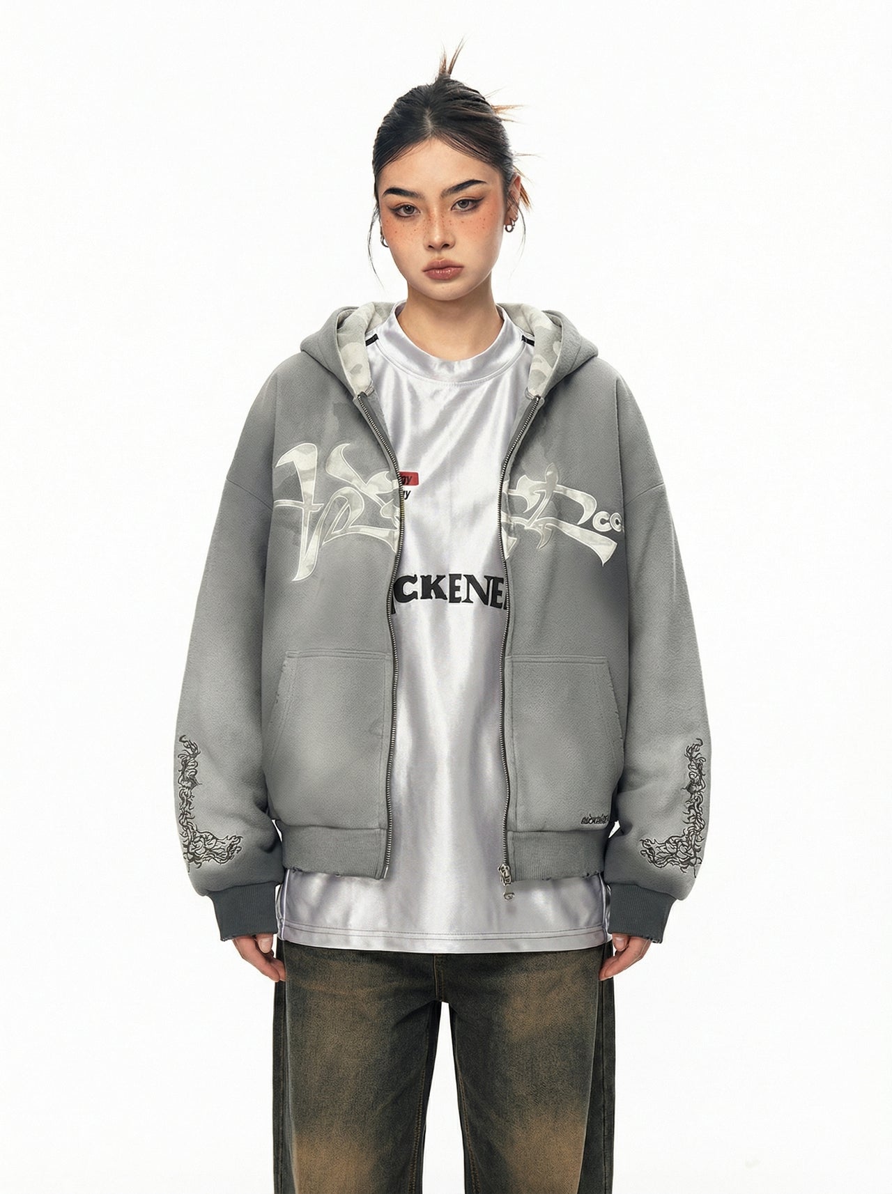 REVERSIBLE GRAFFITI CAMO ZIP-UP HOODIE (WASHED GREY)