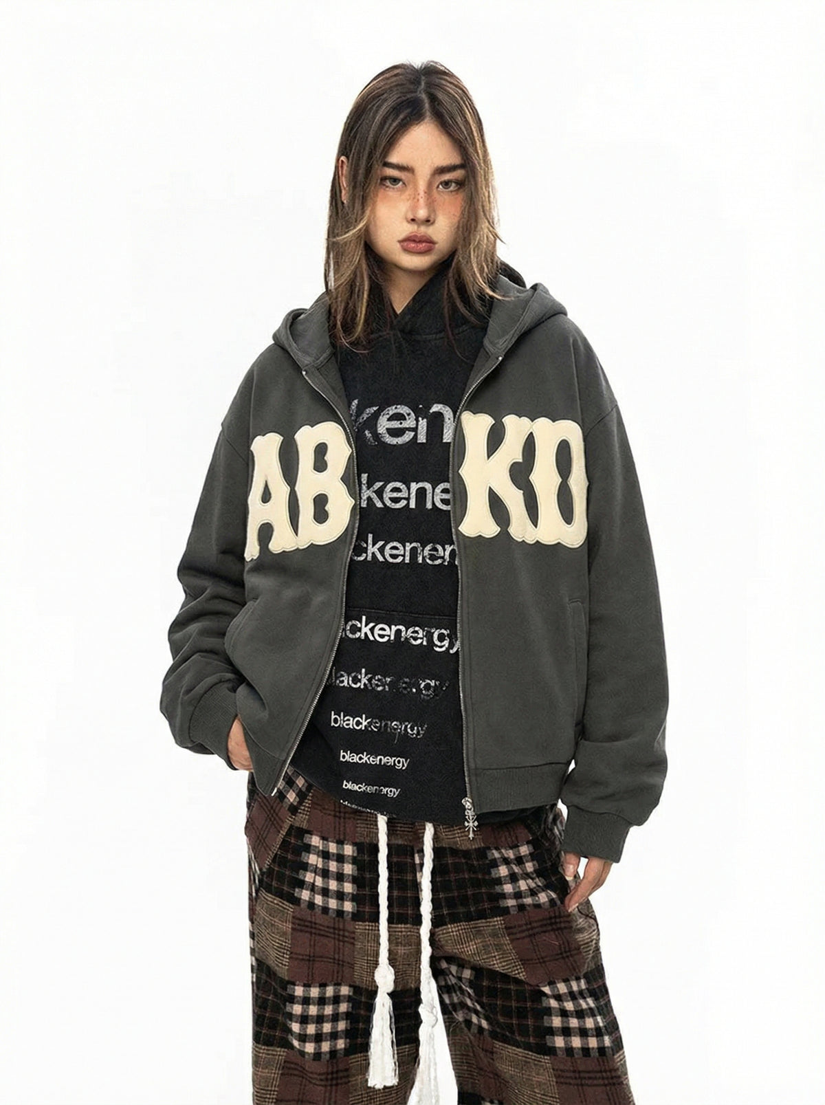 DISTRESSED LETTER PATCH ZIP-UP (DARK GREY)